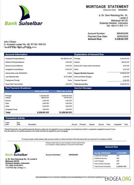 Modèle Word et PDF de relevé hypothécaire de la Banque indonésienne Sulselbar